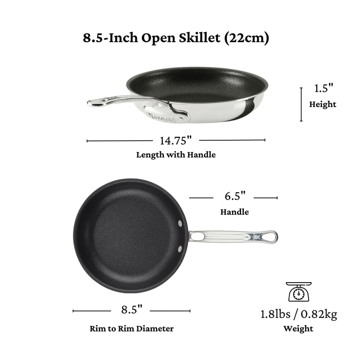 Diagram of an 8.5 ProBond® Luxe™ Polished Clad Stainless Steel Skillet with TITUM® Nonstick shows side and top views, noting height (1.5), length (14.75), handle (6.5), diameter (8.5”), and weight (1.8 lbs/0.82 kg).