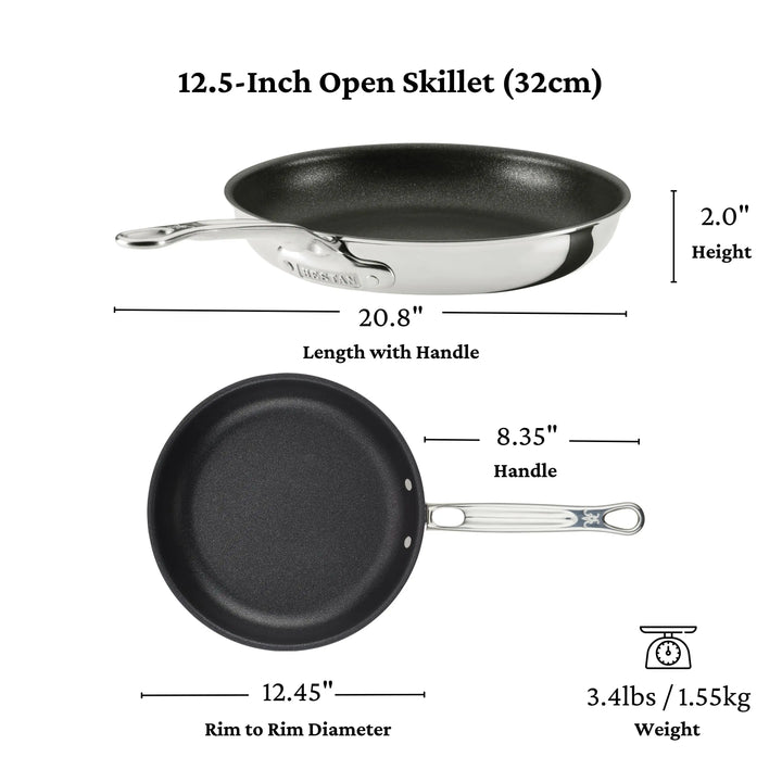 A ProBond® Luxe™ Polished Clad Stainless Steel Skillet with TITUM® Nonstick is shown from the top and side. Dimensions: 12.45" diameter, 2" height, 20.8" length with handle (8.35"), and weight is 3.4 lbs (1.55 kg).