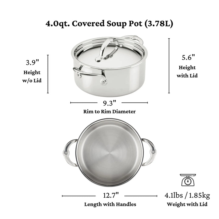 The ProBond® Luxe™ Polished Clad Stainless Steel Soup Pot with Lid highlights Italian craftsmanship, shown in side and top views with labels: 4.0qt capacity, 3.9" height (no lid), 5.6" (with lid), 9.3" diameter, and weighs 4.1 lbs.