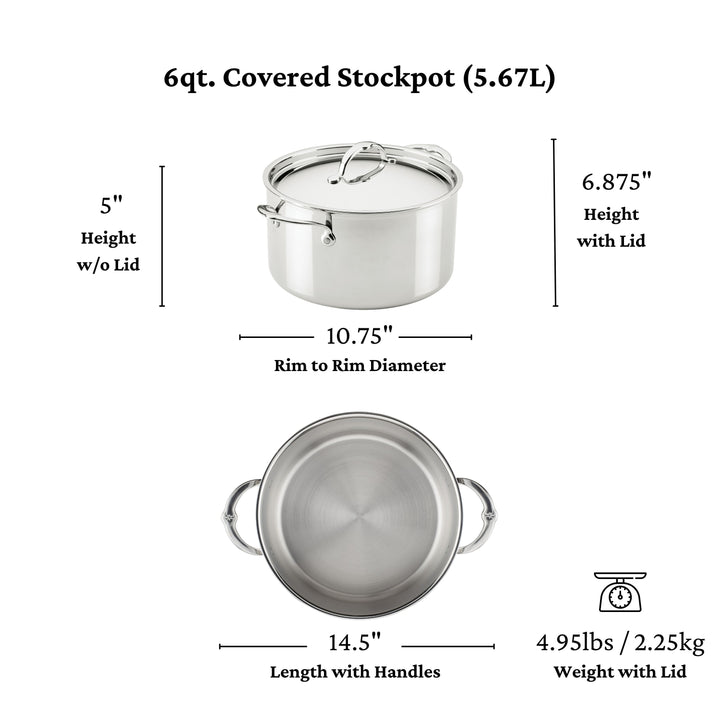 The ProBond® Luxe™ Polished Clad Stainless Steel Stockpot with Lid features Italian craftsmanship, measures 5" H (6.88" with lid), 10.75" diameter, 14.5" L with handles, weighs 4.95 lbs, and is shown from top and side views.