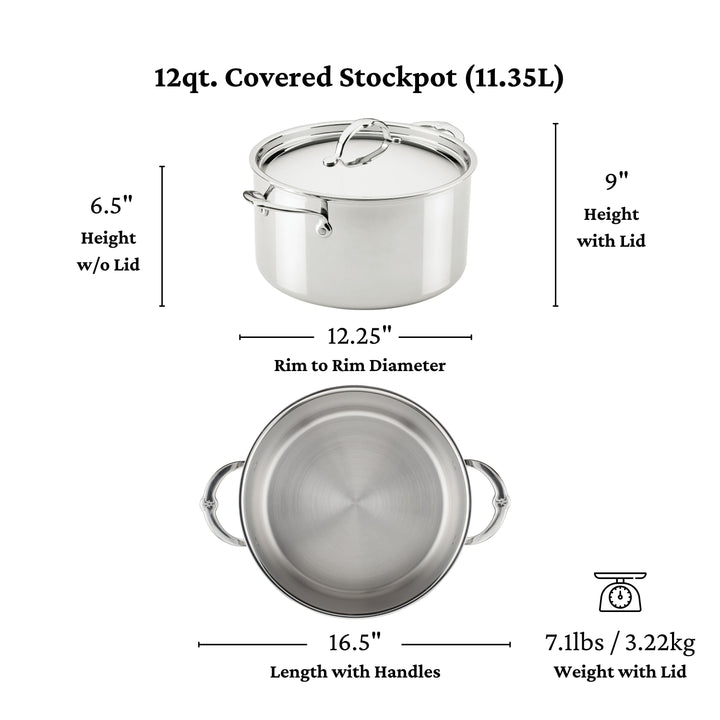 The ProBond® Luxe™ Polished Clad Stainless Steel Stockpot with Lid, 12-quart capacity, features Italian craftsmanship. Dimensions: 12.25” diameter, 16.5” with handles, 6.5” high (no lid), and weighs 7.1 lbs (3.22 kg). Side and top views shown.