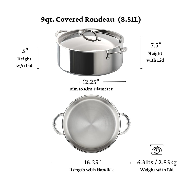 The ProBond® Luxe™ Polished Clad Stainless Steel Rondeau, 9-quart with lid, is shown from side and top views; it measures 7.5" high (with lid), 5" (without), 12.25" rim diameter, 16.25" handle-to-handle, and weighs 6.3 lbs.