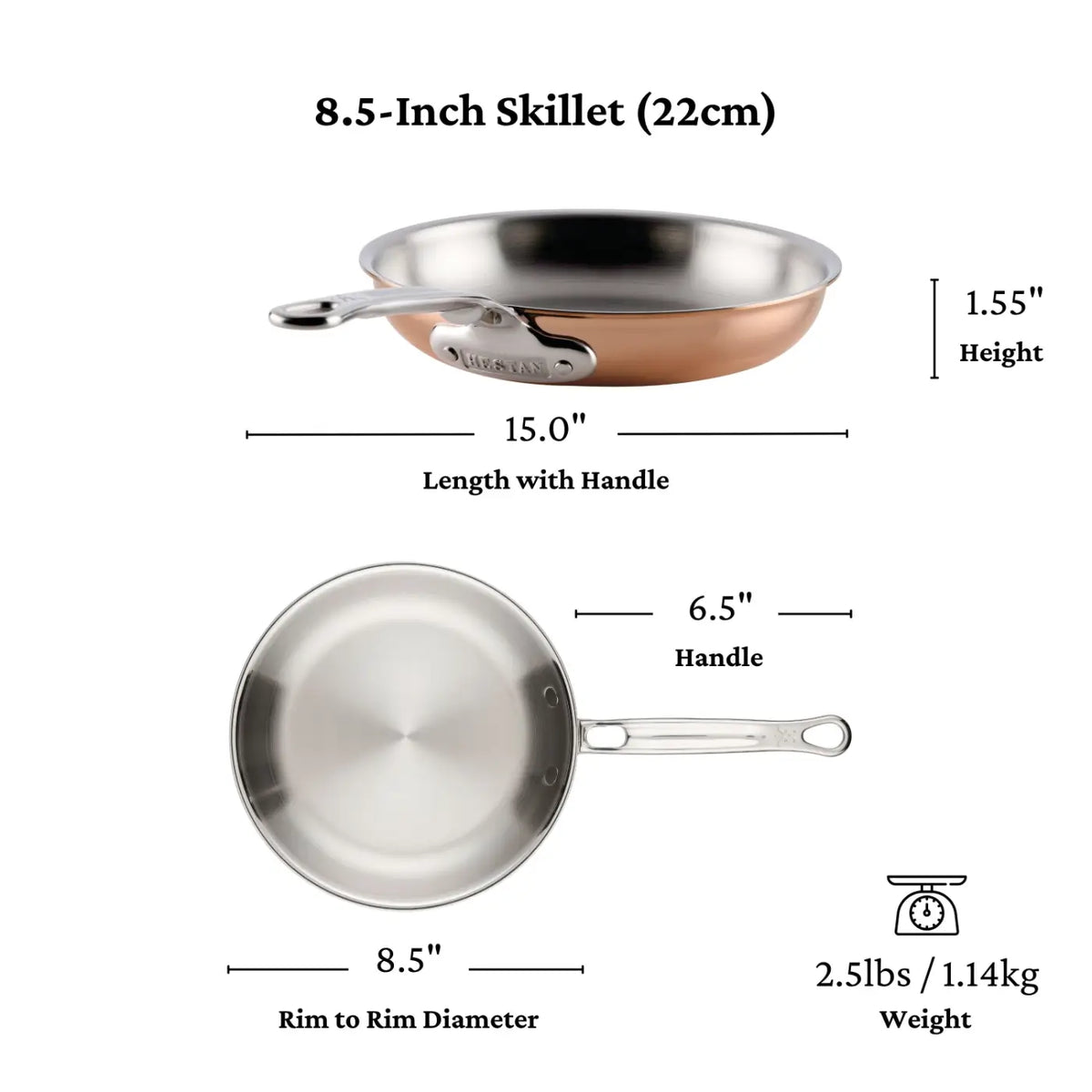 A skillet from the CopperBond® Aura™ Polished Copper 10-Piece Cookware Set is shown from the side and top, highlighting its elegant copper sides for superior heat conductivity and labeled with dimensions: 8.5-inch diameter, 15-inch length with handle, 6.5-inch handle, 1.55-inch height, weighing 2.5 lbs (1.14 kg). An essential piece for any copper cookware collection.