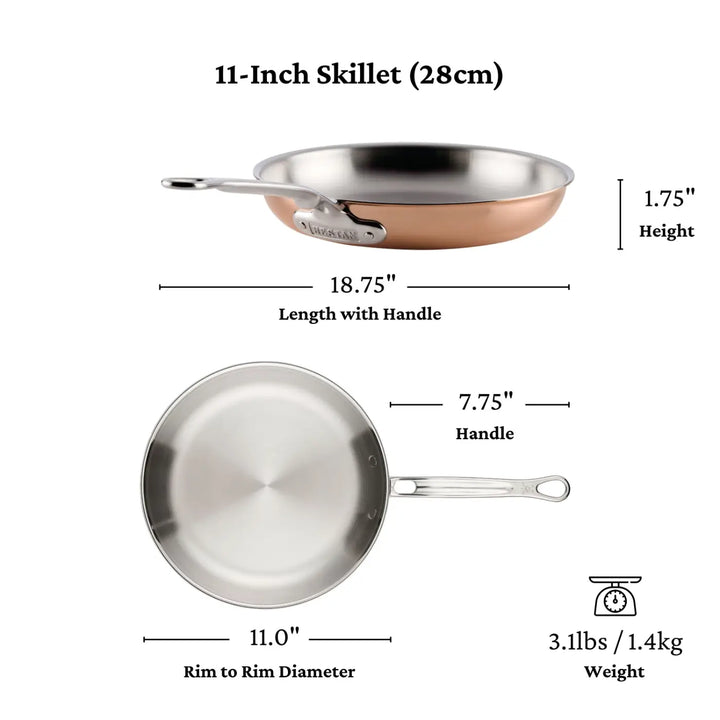 A Polished Copper 10-Piece Cookware Set from the CopperBond® Aura™ collection is displayed from the side and top, emphasizing its lustrous copper exterior. This cookware measures 11 inches in diameter, 18.75 inches long with handle, stands 1.75 inches high, features a 7.75-inch handle, and weighs 3.1 lbs (1.4 kg), making it a standout piece for any kitchen.