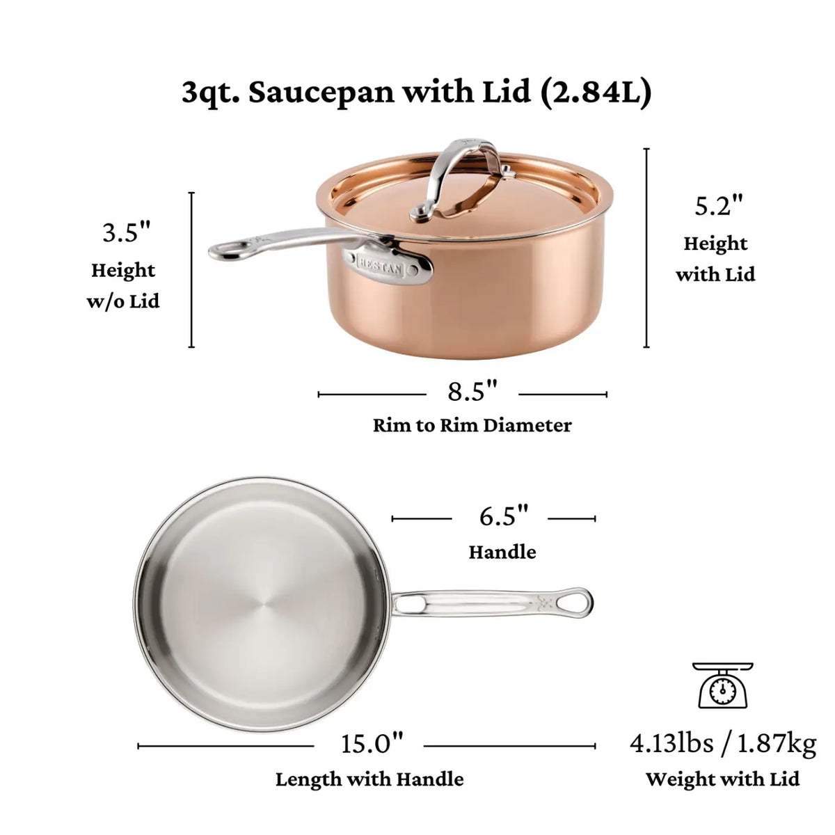 Polished copper 3-quart saucepan with lid from the CopperBond® Aura™ Polished Copper 10-Piece Cookware Set, displayed in side and top views. Dimensions and weight are shown: 3.5″ height, 8.5″ diameter, 6.5″ handle length, total length of 15″, height with lid of 5.2″, and a weight of 4.13 lbs including the lid.