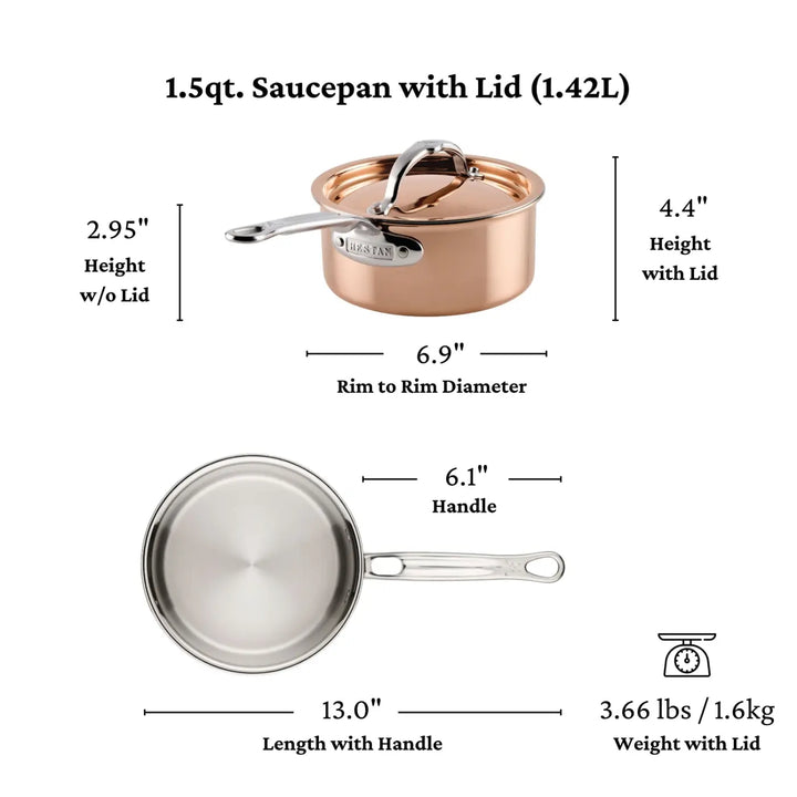 Shown from both side and top views, the CopperBond® Aura™ Polished Copper Saucepans with Lid features a striking copper finish and a durable stainless steel interior, making it an essential addition to any copper cookware collection. This 1.5qt saucepan includes a lid and boasts dimensions of 6.9″ rim diameter, 13″ total length including a 6.1″ handle, 2.95″ height without the lid, and 4.4″ with the lid.