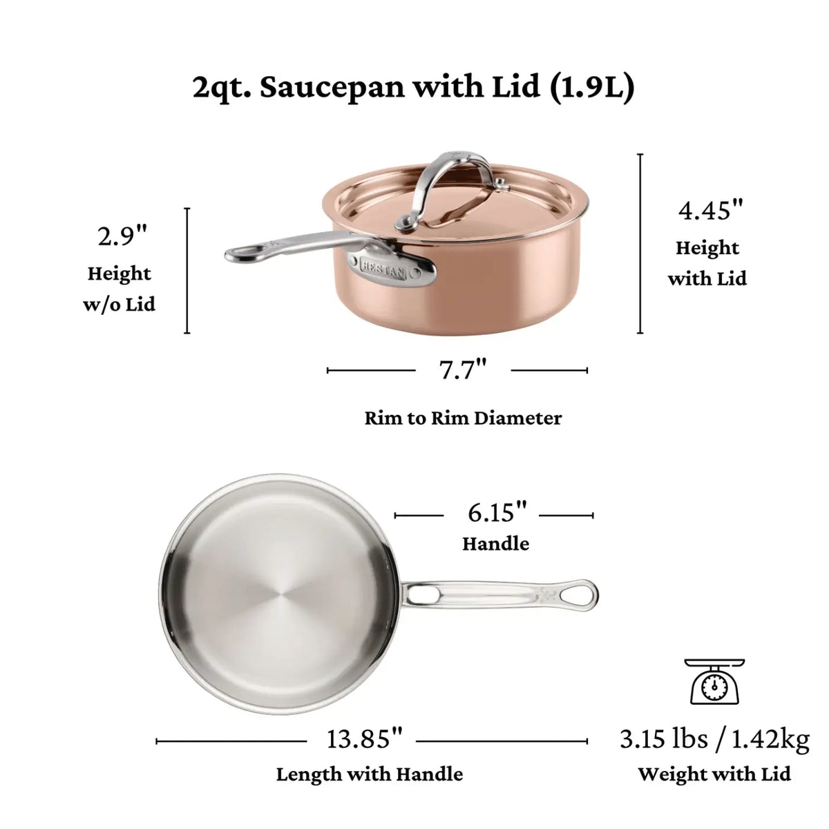 The CopperBond® Aura™ Polished Copper Saucepan with Lid is a 2-quart pan featuring a sleek copper finish, a sturdy metal handle, and a matching lid—displayed here from both the side and top views. This refined cookware piece boasts a durable stainless steel interior for easy cooking and effortless cleaning. Labeled dimensions: 2.9″ high (4.45″ with lid), 7.7″ diameter, 13.85″ long in total, 6.15″ handle length, and weighs 3.15 lbs.