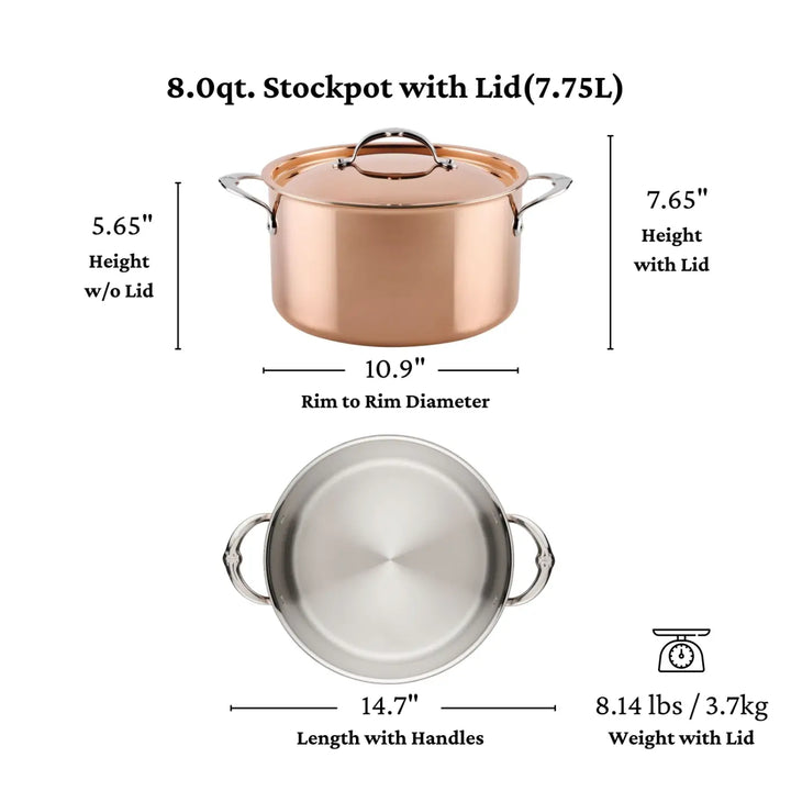 The CopperBond® Aura™ Polished Copper Stock Pots with Lid are shown from the side and top in an 8.0-quart size, blending striking copper-colored style with exceptional performance. With a height of 7.65 inches (including lid), a diameter of 10.9 inches, an overall length of 14.7 inches with handles, and a total weight of 8.14 lbs (with lid), these stock pots are expertly crafted for durability and even heating—hallmarks of quality copper cookware.