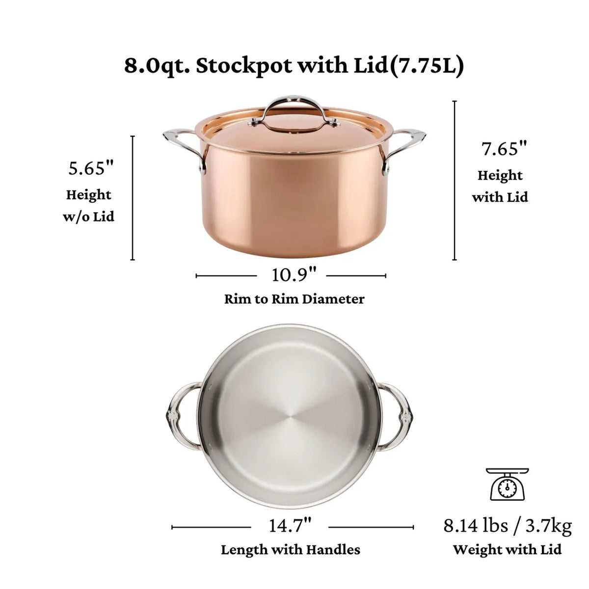 The CopperBond® Aura™ Polished Copper Stock Pots with Lid are shown from the side and top in an 8.0-quart size, blending striking copper-colored style with exceptional performance. With a height of 7.65 inches (including lid), a diameter of 10.9 inches, an overall length of 14.7 inches with handles, and a total weight of 8.14 lbs (with lid), these stock pots are expertly crafted for durability and even heating—hallmarks of quality copper cookware.