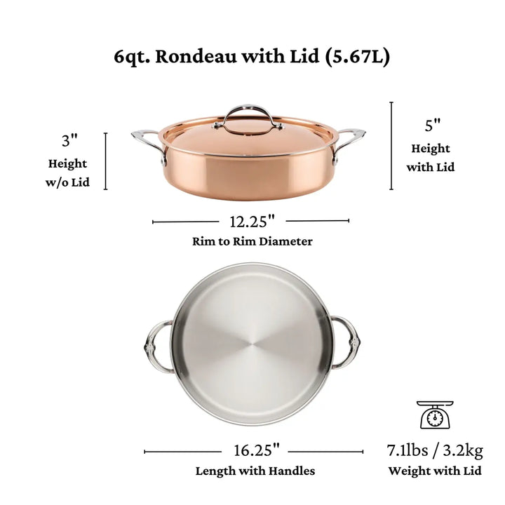 The CopperBond® Aura™ Polished Copper Rondeaus with Lid brings elegance to the table, as seen in both side and top views. The side profile shows its precise measurements—3″ high without the lid, 5″ with the lid on, and a 12.25″ rim diameter—while the top view highlights the overall length of 16.25″ from handle to handle. This substantial piece weighs 7.1 lbs (3.2 kg).