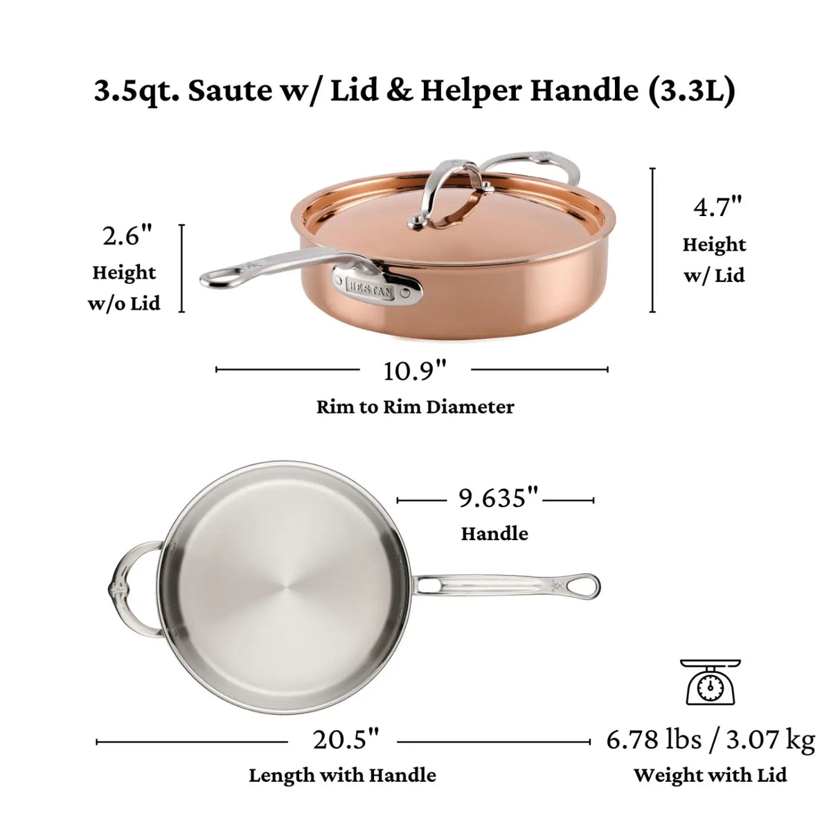 CopperBond® Aura™ Polished Copper Saute Pan with Lid and helper handle, displayed in side and top views. Part of our Italian copper cookware collection, this pan is crafted with a stainless steel interior for outstanding durability and performance. Dimensions, weight, and capacity are clearly labeled: 20.5-inch length, 10.9-inch diameter, 4.7-inch height (with lid), and a weight of 6.78 lbs—showcasing its substantial quality and design.