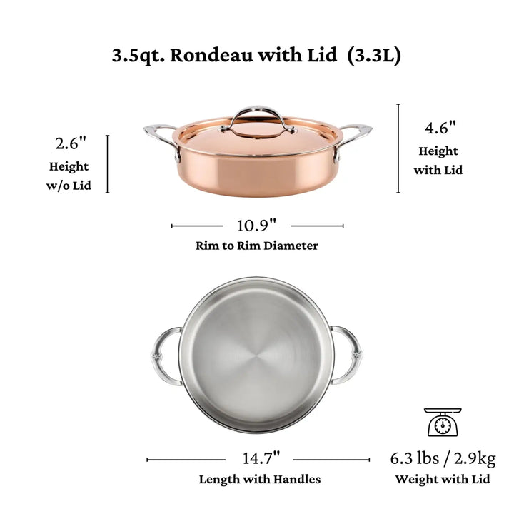 Experience the CopperBond® Aura™ Polished Copper Rondeau with Lid, shown from both side and top views. Expertly crafted as premium copper cookware, this rondeau features a durable stainless steel interior for easy cleaning. Dimensions are 2.6″ high (without lid), 4.6″ high (with lid), 10.9″ diameter, and 14.7″ length including handles; total weight is 6.3 lbs (2.9 kg).
