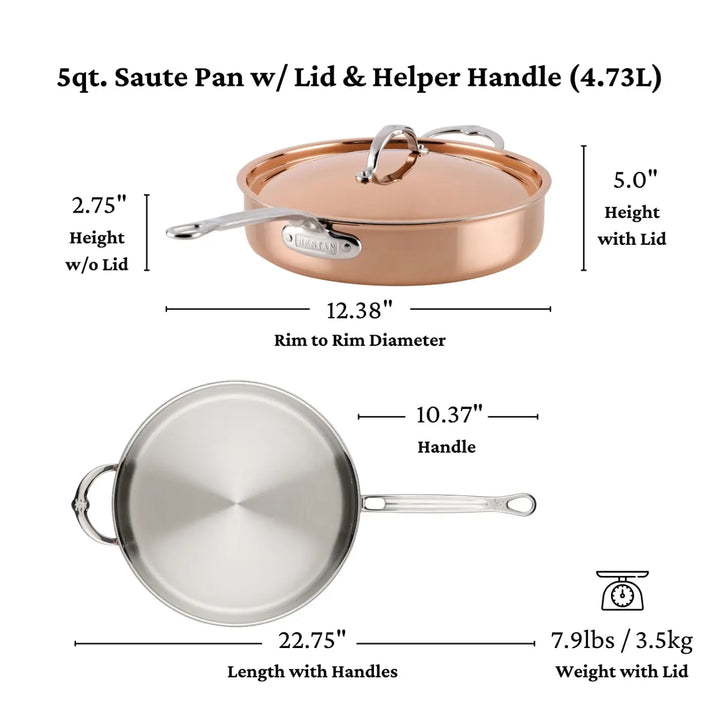 The CopperBond® Aura™ Polished Copper Saute Pan with Lid is valued for its outstanding heat conductivity and exemplifies Italian craftsmanship in quality and performance. Designed with a stainless steel interior for easy cleaning and durability, this pan includes a lid and helper handle, offering a generous 4.73L (5qt) capacity. Its dimensions are 2.75″ in height (5″ with lid) and a 12.38″ rim diameter.