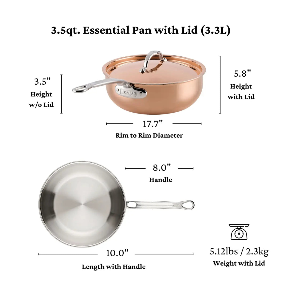 The CopperBond® Aura™ Polished Copper Essential Pan with Lid is displayed here, exemplifying the elegance of finely crafted Italian cookware. Its dimensions are clearly marked: a 17.7 cm rim diameter, 10.3 cm length with handle, 3.5 cm height without lid, 5.8 cm height with lid, and an 8 cm handle. Weighing in at 5.12 lbs (2.3 kg), this professional-grade copper pan is ideal for discerning chefs seeking both beauty and performance in their kitchen tools.