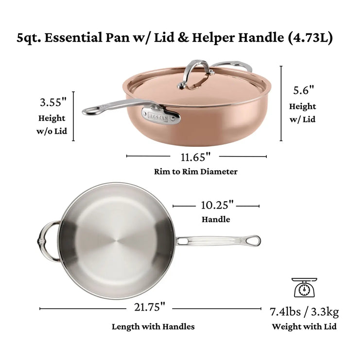 Experience copper cookware at its finest with the CopperBond® Aura™ Polished Copper Essential Pan with Lid. Expertly crafted in Italy, this 5-quart, copper-colored pan features a stainless steel lid and a long handle for professional performance. Dimensions: 11.65″ diameter, 21.75″ length with handles, 3.55″ height without lid, 5.6″ height with lid; weight: 7.4 lbs—all clearly labeled for your convenience.