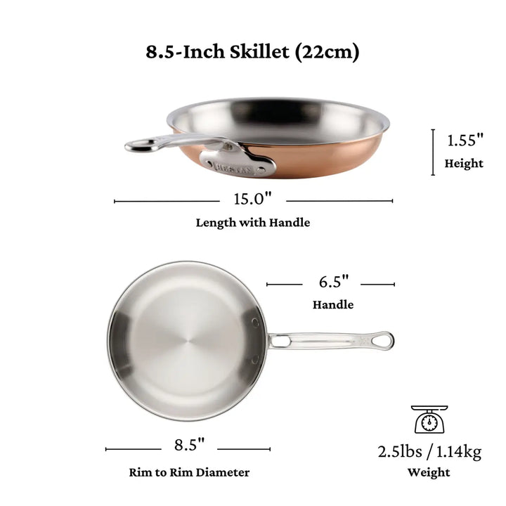 Crafted for professional performance, the CopperBond® Aura™ Polished Copper Skillet features an 8.5-inch diameter with a stainless steel interior and a striking polished copper exterior. Measuring 15 inches in total length with a 6.5-inch handle, standing 1.55 inches high, and weighing 2.5 lbs (1.14 kg), this premium pan exemplifies the impeccable standards of CopperBond® Aura™ Polished Copper Skillets.