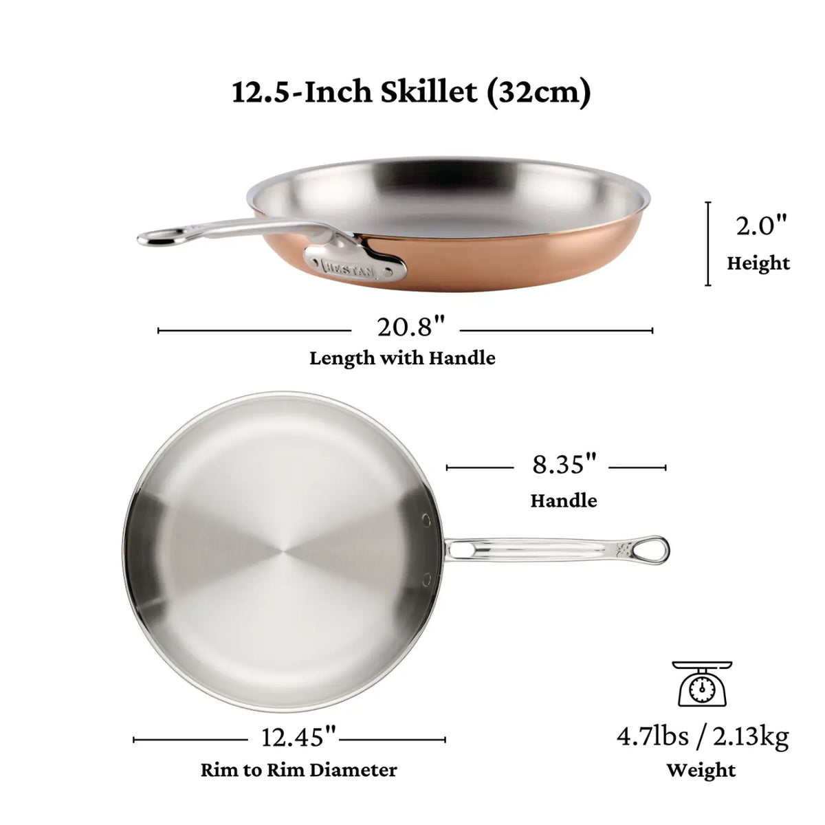 A 12.5-inch (32cm) CopperBond® Aura™ Polished Copper Skillet is displayed from both the side and top, detailing its measurements: 20.8 inches long with handle, 12.45-inch rim diameter, 2 inches in height, an 8.35-inch handle, and a weight of 4.7 lbs (2.13 kg). This professional-grade cookware boasts a sleek silver finish on the stainless steel interior complemented by a striking polished copper exterior.