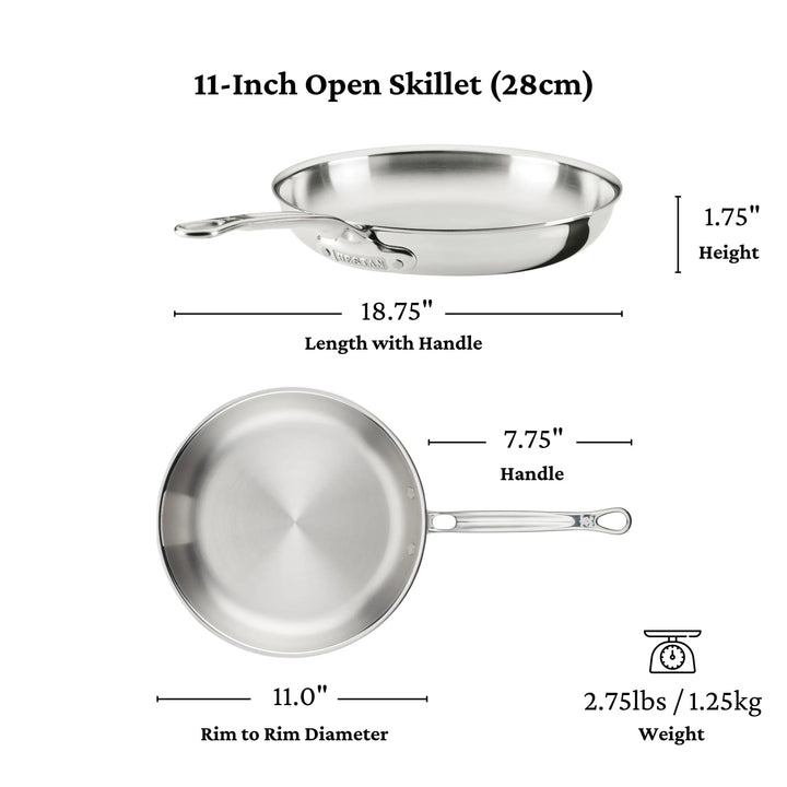 Diagram of an 11-inch open skillet from the ProBond® Luxe™ Polished Clad Stainless Steel Signature Set, 7-Piece; induction-ready, 18.75" long with handle, 7.75" handle, 11" diameter, weighs 2.75 lbs (1.25 kg).
