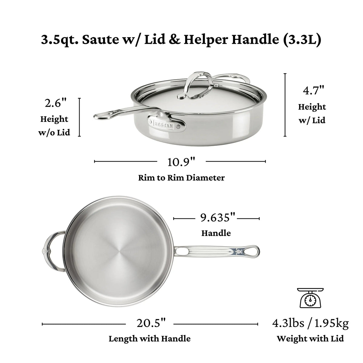 The ProBond® Luxe™ Polished Clad Stainless Steel Signature Set, 5-Piece, features a 3.5-quart sauté pan with lid and helper handle: 10.9 rim diameter, 20.5 length with handle, 4.7 high with lid (2.6 without), weighs 4.3 lbs, and has a 9.635 handle.