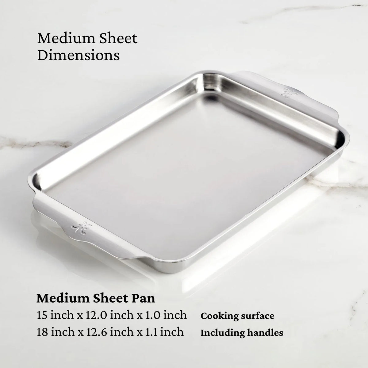 The Hestan Provisions OvenBond Tri-ply Medium Sheet Pan is made of reflective stainless steel, with raised edges and strong handles on the short sides. The cooking surface measures 15 x 12 x 1 in, while the overall size, including handles, is 18 x 12.6 x 1.1 in.