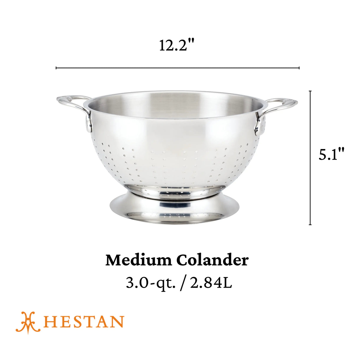 The Hestan Provisions Stainless Steel Colander features superior drainage, two handles, and a 3.0-quart (2.84L) capacity. Measuring 12.2 wide by 5.1 tall, it’s dishwasher safe for easy cleanup with the Hestan logo in the bottom left corner.