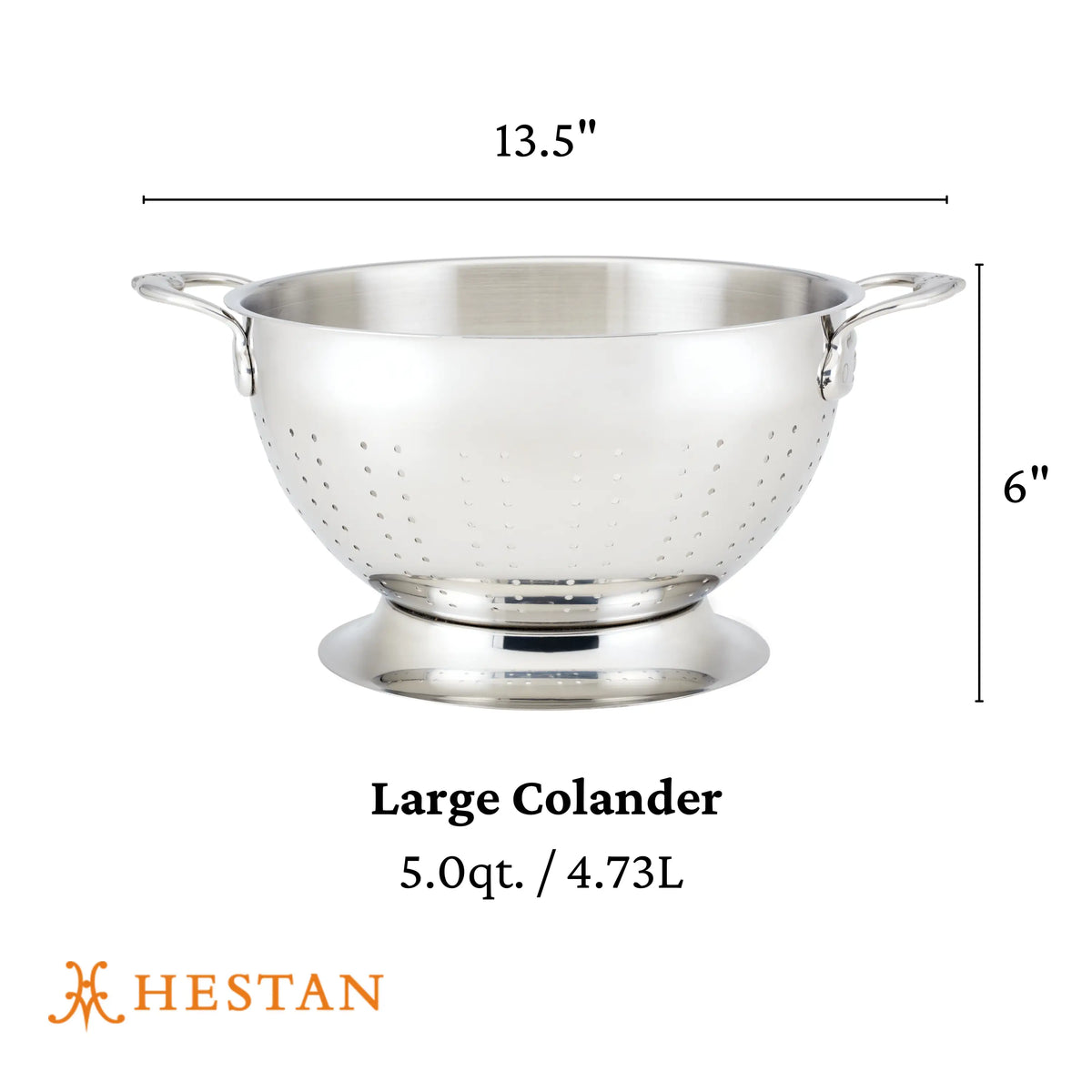 The Hestan Provisions Stainless Steel Colander offers superior drainage, sturdy side handles, and a 5-quart capacity. Measuring 13.5 x 6, its dishwasher safe and features the Hestan logo.