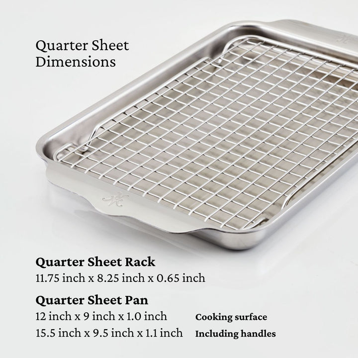 Image of a quarter sheet pan and rack from the ProBond Professional Clad Performance 28-piece Set, shown on a light background. The tri-ply aluminum core quarter sheet measures 11.75 x 8.25 x 0.65 inches, and the pans cooking surface is 12 x 9 x 1 inches with handles reaching an overall length of 15.5 inches.