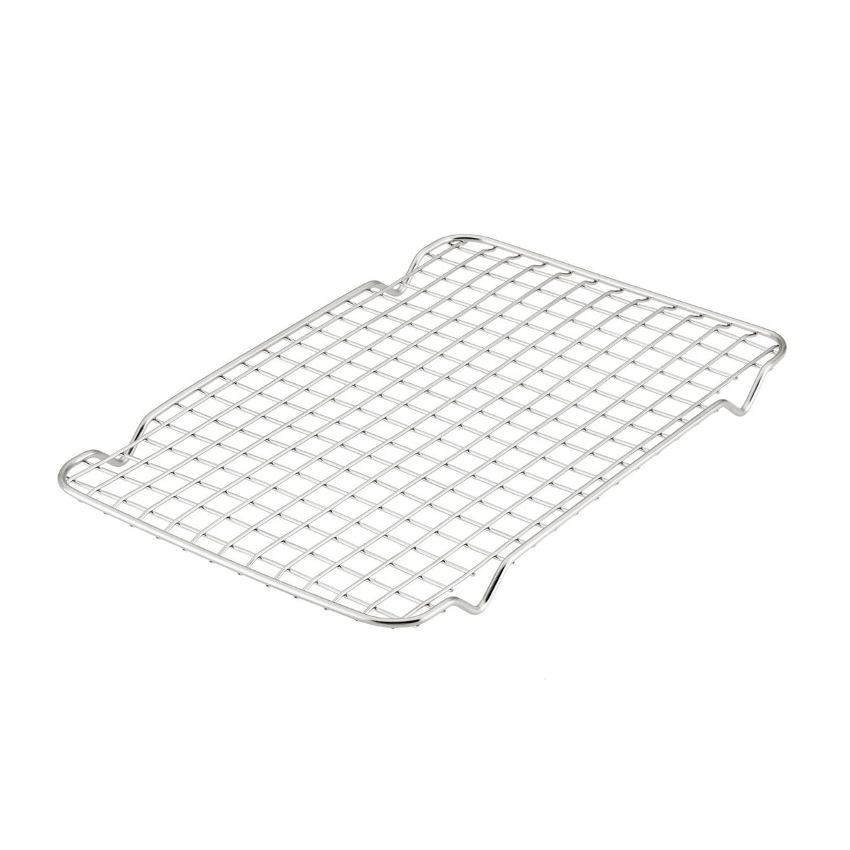 The OvenBond Stainless Steel Quarter Sheet Pan Rack by Hestan Provisions is a rectangular rack with a grid pattern and slightly raised edges, ideal for baking or cooking. Its shiny appearance ensures optimal airflow under food items when placed atop an OvenBond quarter sheet pan.