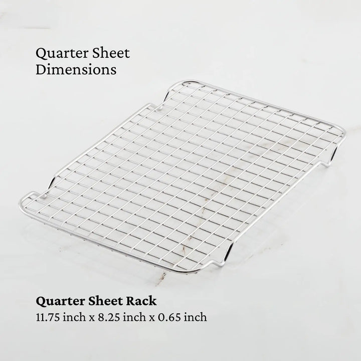 The Hestan OvenBond Tri-Ply Quarter Sheet Pans & Rack features a rectangular stainless steel grid rack, measuring 9" x 12", slightly elevated by four bent legs—perfectly designed for quarter sheet pans.