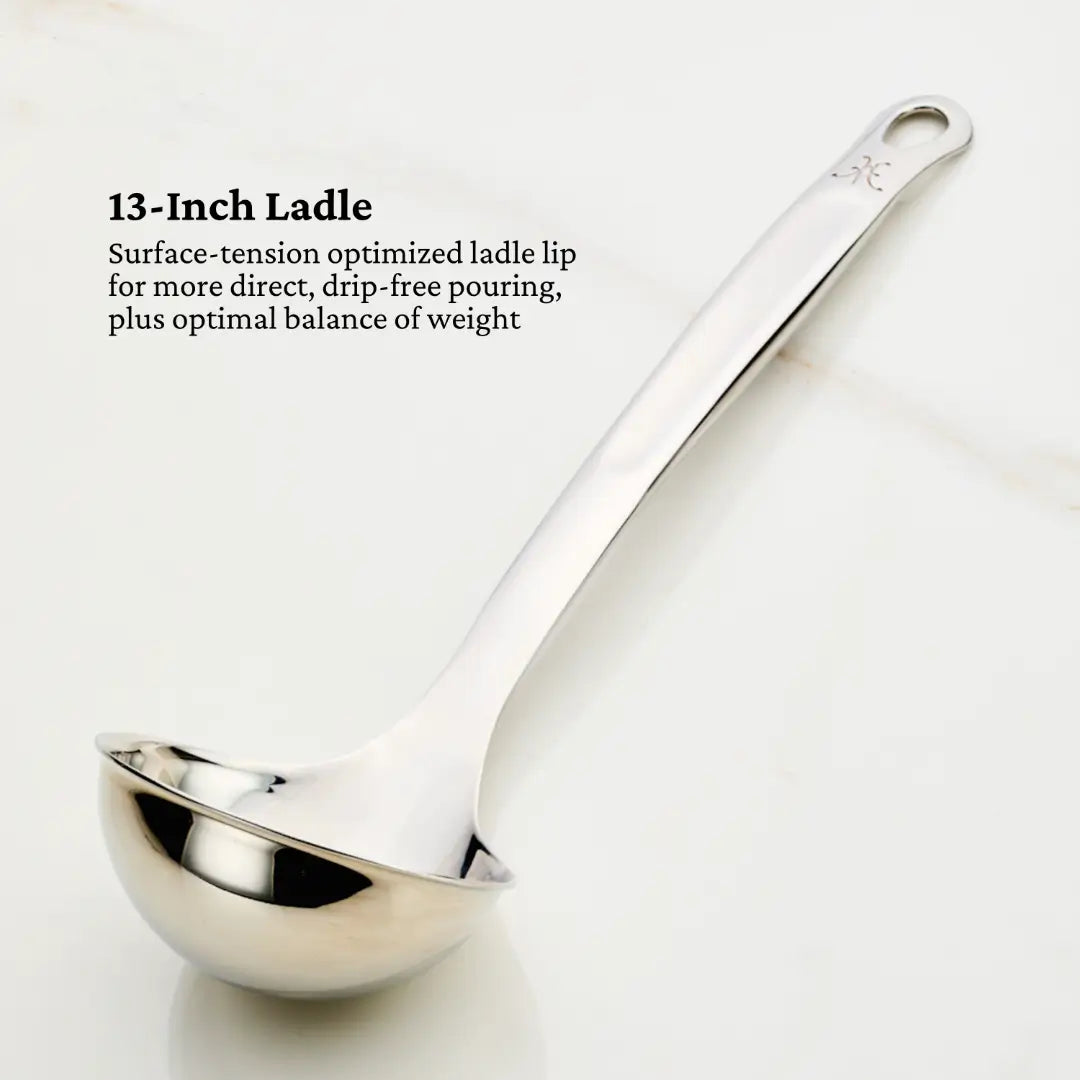 The 13-inch ladle, part of the Hestan Provisions Ultimate Chefs Tool Set, features premium 18/10 stainless steel, a smooth bowl, long handle with hanging hole, and is cherished by Michelin-starred chefs for drip-free pouring and balance.