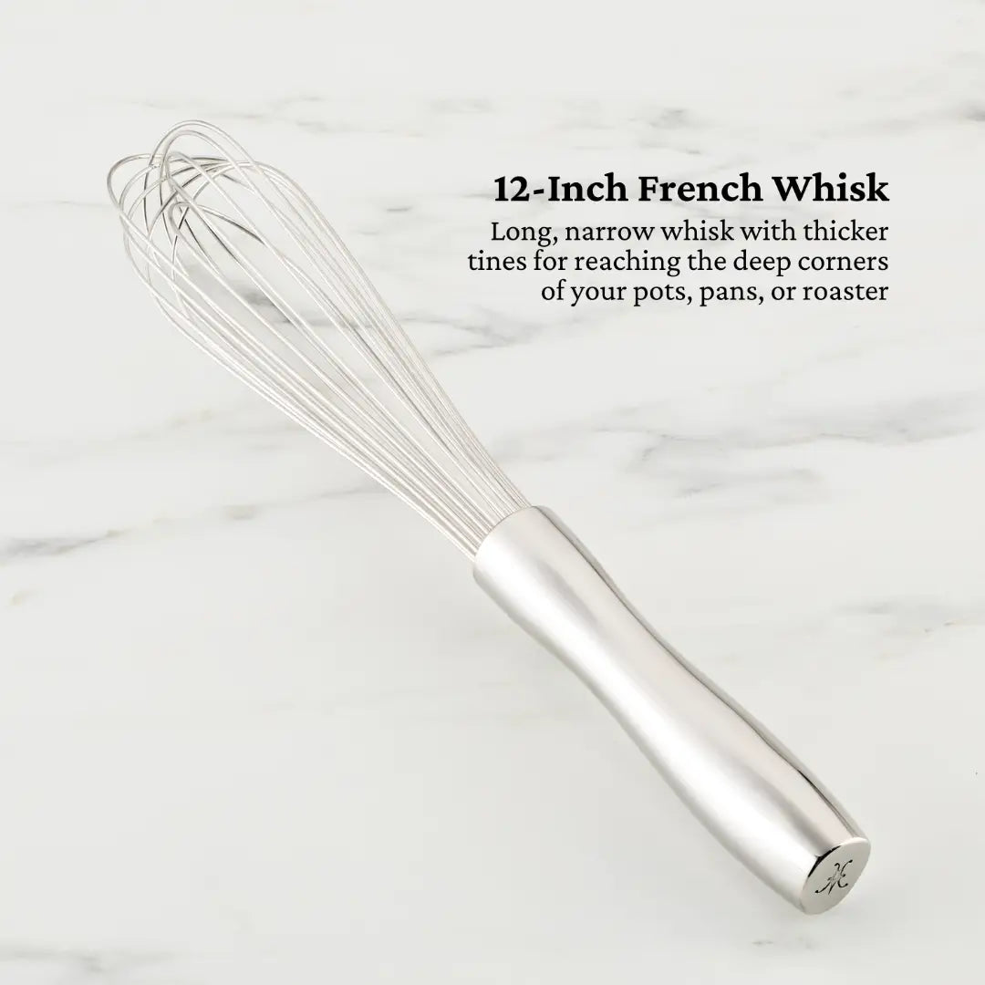 Crafted with a long, narrow design ideal for deep pots, the 12-inch French whisk from Hestan Provisions Ultimate Chefs Tool Set is made of 18/10 stainless steel with thicker tines and a sleek metallic handle finish, making it perfect for Michelin-starred chefs.