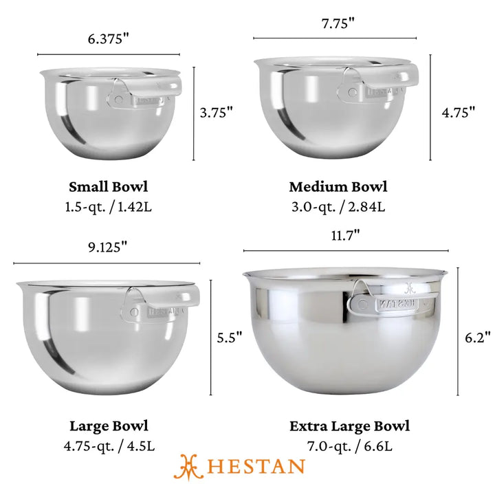 Image showcasing the Hestan Provisions Stainless Steel Mixing Bowl Set, 4-Piece; a kitchenware essential. Includes Small: 1.5-quart, 4.25 height; Medium: 3-quart, 4.75 height; Large: 5-quart, 5.5 height; Extra Large: 7-quart bowls.