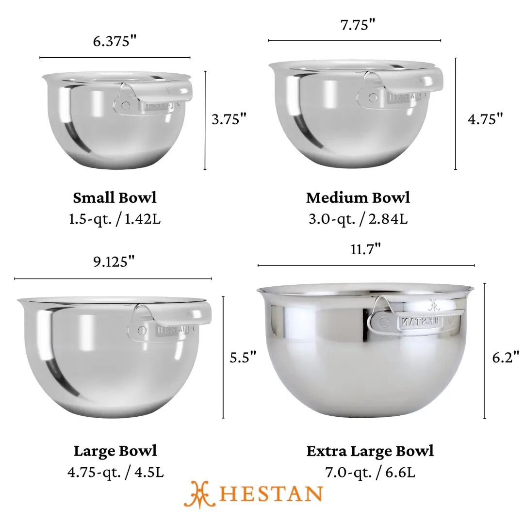 Image showcasing the Hestan Provisions Stainless Steel Mixing Bowl Set, 4-Piece; a kitchenware essential. Includes Small: 1.5-quart, 4.25 height; Medium: 3-quart, 4.75 height; Large: 5-quart, 5.5 height; Extra Large: 7-quart bowls.