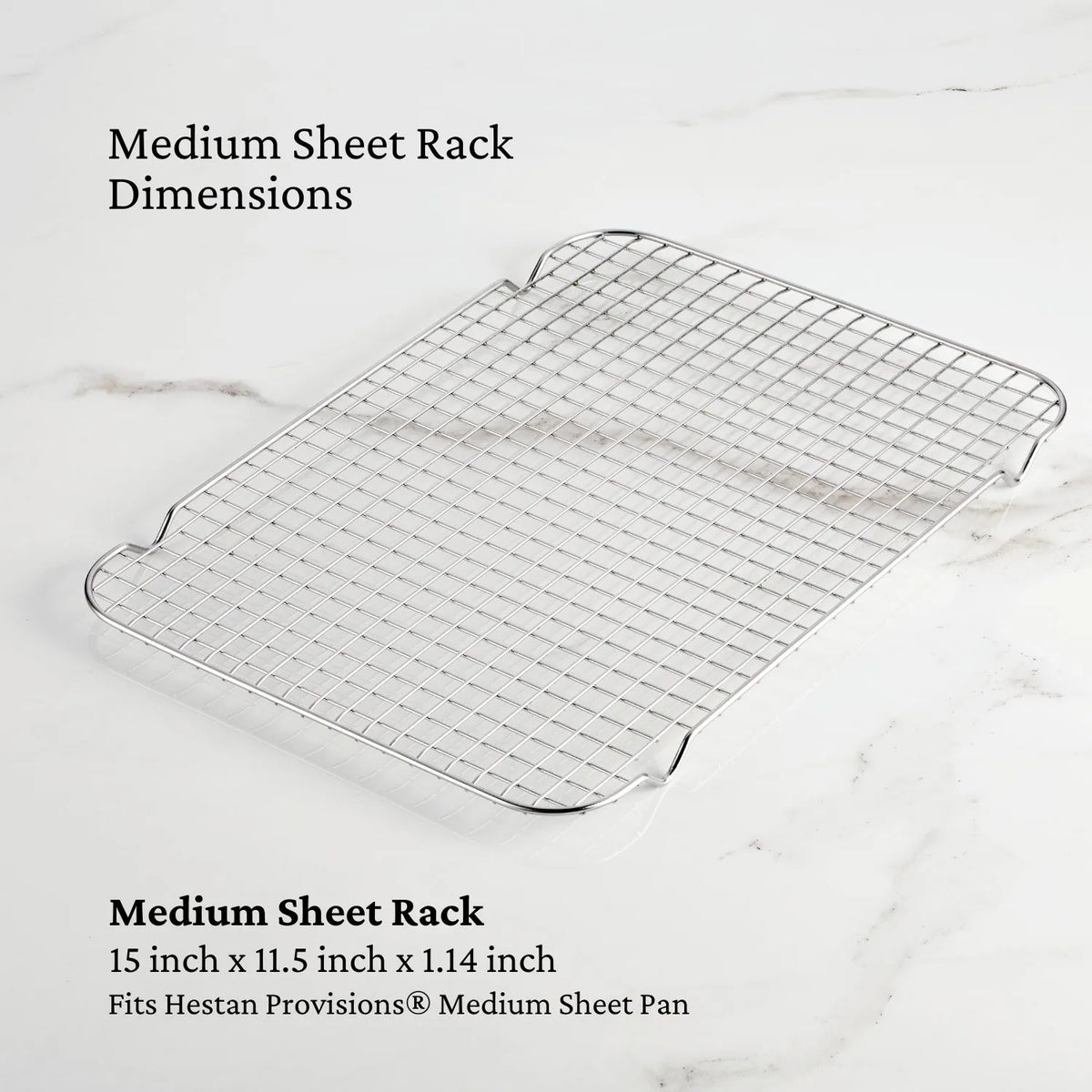 The Hestan Provisions OvenBond Stainless Steel Medium Pan Rack features a rectangular grid pattern on a white surface and measures 15 x 11.5 x 1.14, designed to fit perfectly with the medium sheet pan.