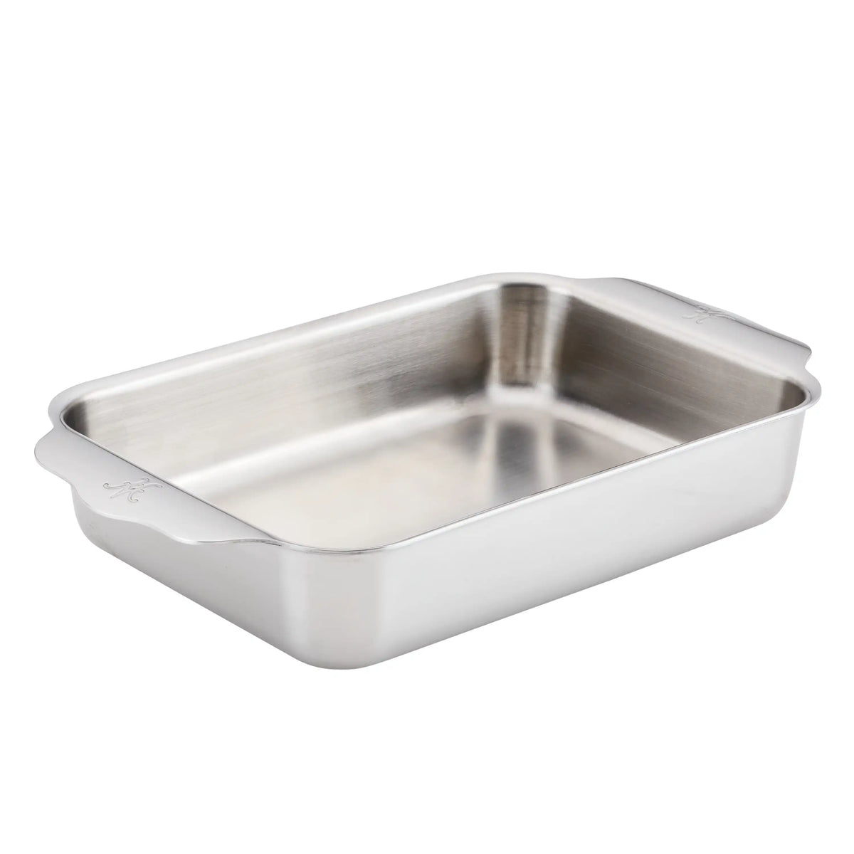 Effortlessly cook with the Hestan Provisions OvenBond Tri-ply Small Rectangular Baker, featuring stainless steel clad construction, rounded corners, side handles, and a shallow depth. Its smooth reflective surface is perfect for oven-safe baking or cooking.