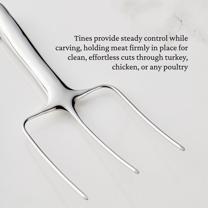 A set of Hestan Provisions® Stainless Steel Carving Forks, featuring two long tines, is displayed on a white surface. Text above highlights their use for steady control and securely holding meat while carving poultry, ensuring clean and effortless cuts—making them essential tools among professional carving forks made from durable 18/10 stainless steel.