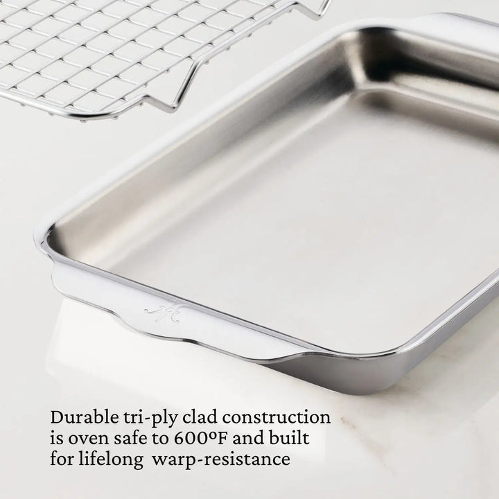 The Hestan Provisions OvenBond Tri-ply Mini Eighth Sheet Pan includes a rack and features durable tri-ply clad construction, oven safe to 600°F, providing lifelong warp-resistance.