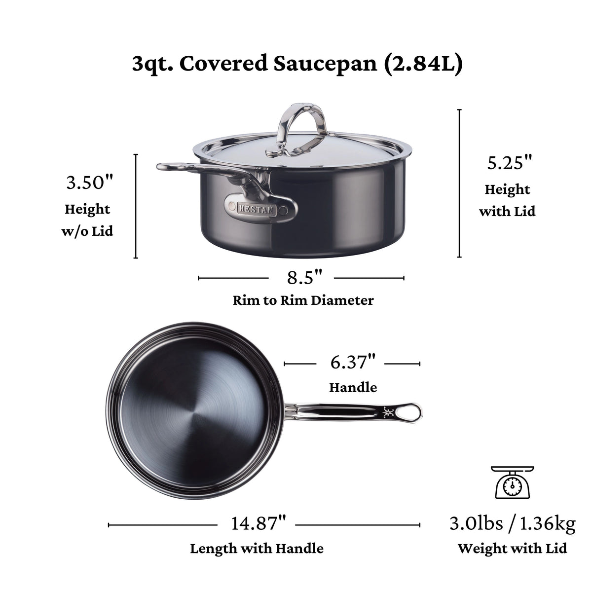 Diagram of a NanoBond Titanium 3qt. covered saucepan with measurements: height without lid is 3.50, with lid is 5.25, rim diameter is 8.5. Handle measures 6.37 and total length with handle is 14.87. Weighs 3lbs/1.36kg, featuring cutting-edge Molecular Titanium technology.
.