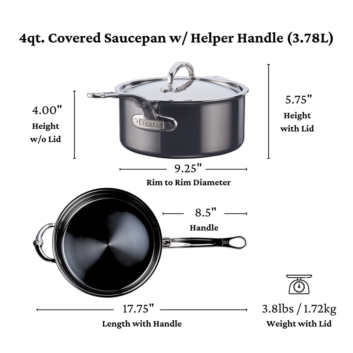 The NanoBond Titanium Saucepans are metal utensil safe and boast molecular titanium for durability. This 4-quart saucepan includes a helper handle, measures 9.25 inches wide, up to 5.75 inches high with the lid, has an easy-grip 8.5-inch handle, and weighs just 3.8 lbs.
.