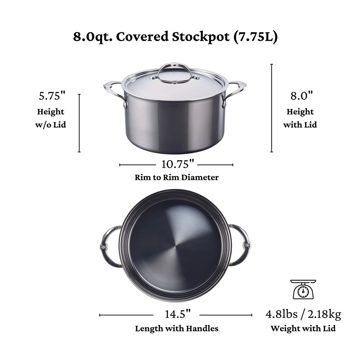 Image features an 8-quart covered stockpot from the 10-Piece Limited Edition Titanium Cookware Set by NanoBond. It measures 5.75" tall without lid, 8" with lid, 10.75" rim diameter, 14.5" length with handles, and weighs 4.81 lbs (2.18 kg).