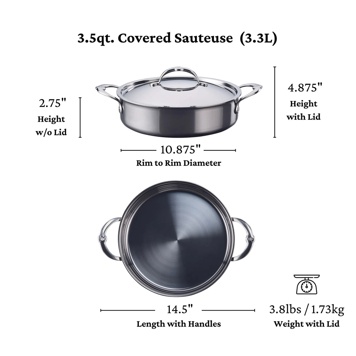 The NanoBond Titanium Braiser with Lid, 3.5-Quart, shown from side and top, is 2.75 tall without lid, 4.875 with lid, measures 14.5 handle to handle and 10.5 diameter, and weighs 3.81 lbs; features NanoBond technology.