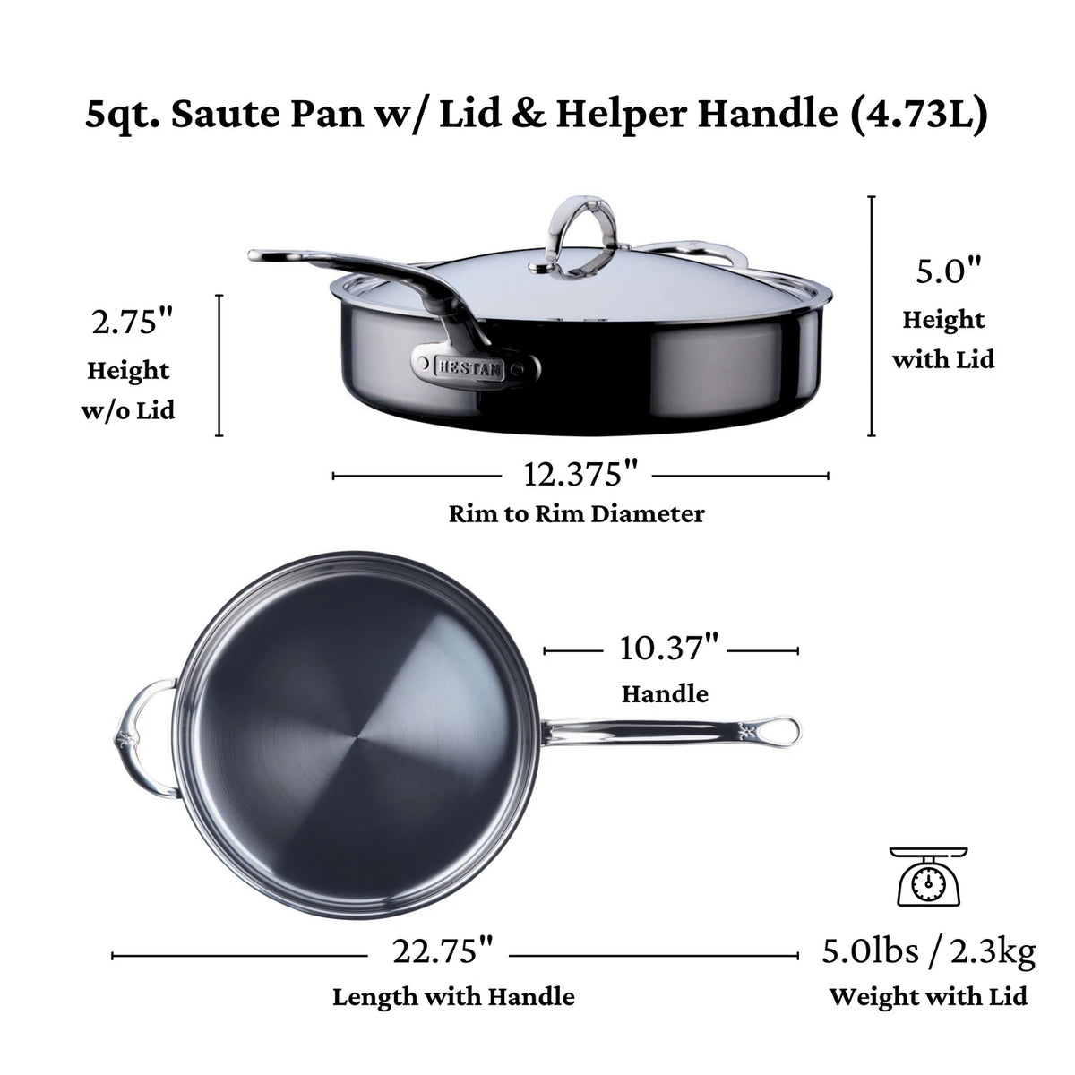 Image of a 5qt Titanium Sauté Pan by NanoBond, made with Hestans molecular titanium, includes a helper handle and lid. Dimensions: 12.375 diameter, 10.37 handle, total length 22.75, height with lid 5.0. Weighs only 5 lbs (2.3 kg).