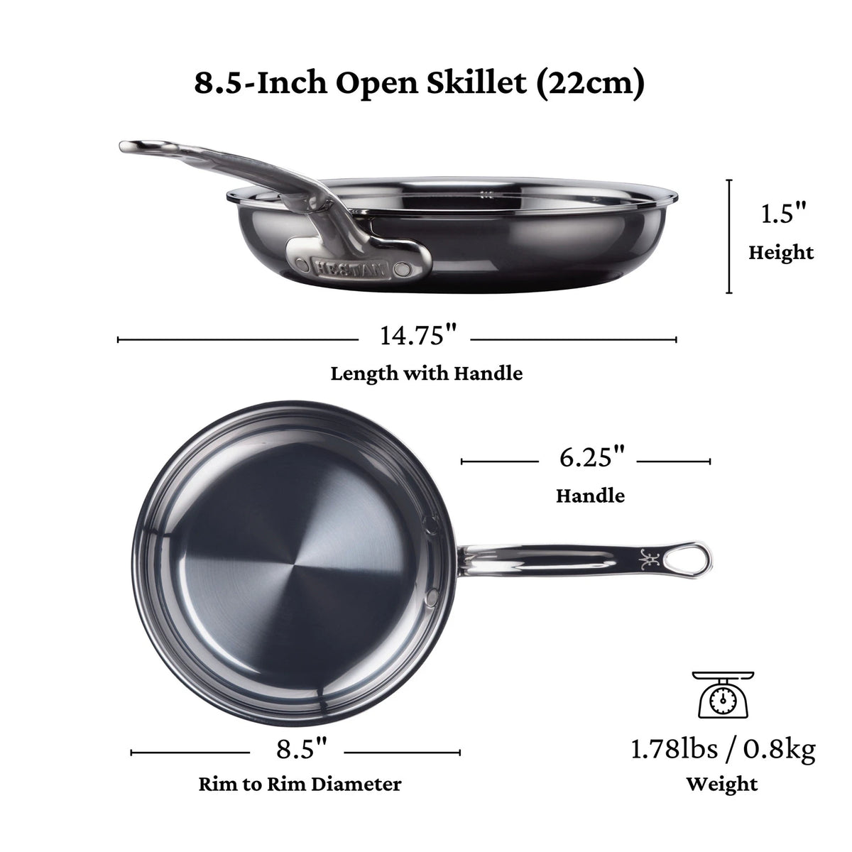 The NanoBond Titanium Skillet, 8.5 wide, is shown from side and top with labeled dimensions: 14.75 length with handle, 8.5 diameter, 6.25 handle, 1.5 height; weight: 1.78 lbs.
