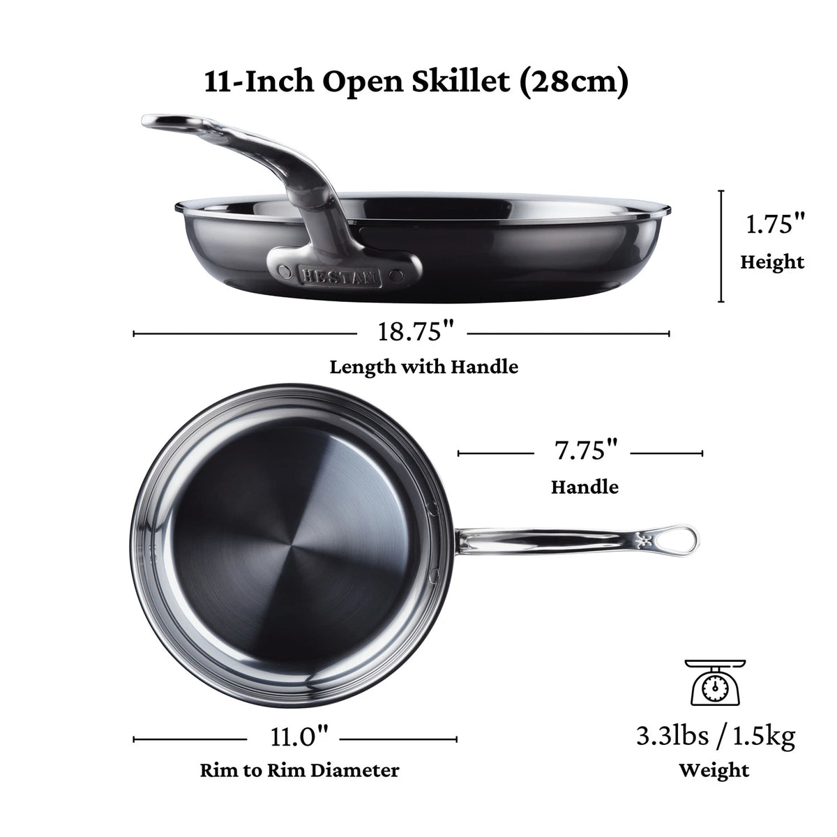 Top and side views of the NanoBond Titanium Skillet, 11-inch with 7.75-inch handle, 1.75-inch height, total length 18.75 inches, weight 3.3 lbs, and brushed metal finish are shown with measurements and labels.