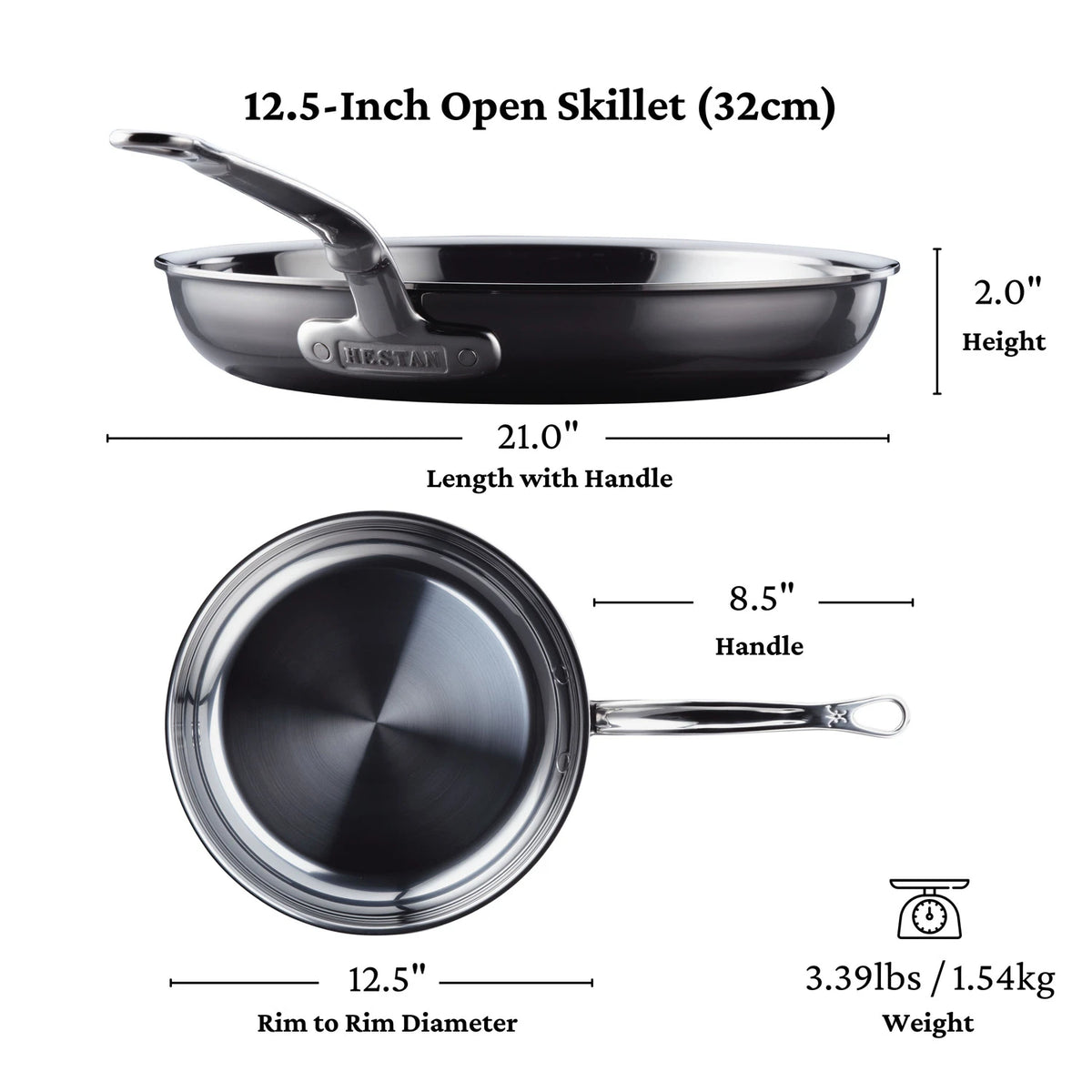 A 12.5-inch NanoBond Titanium Skillet is shown from the side and top, featuring a handle. Dimensions: 21-inch length with handle, 8.5-inch handle, 2-inch height, 12.5-inch diameter; weighs 3.39 lbs (1.54 kg).
