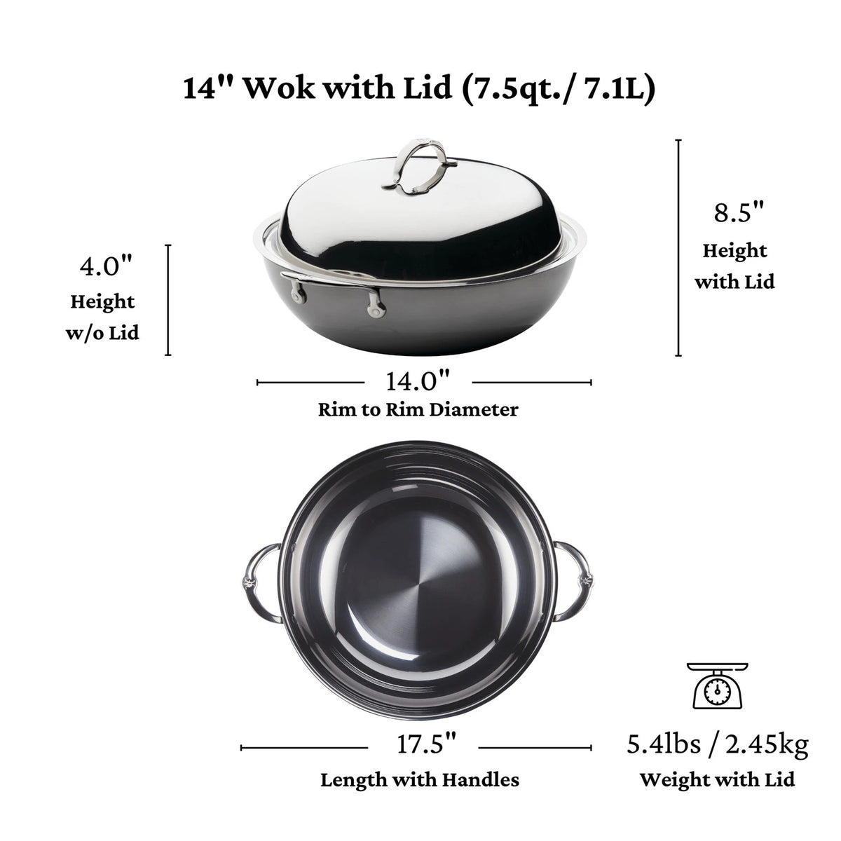 The NanoBond Titanium Wok, 14-inch, features a nonreactive Molecular Titanium surface. It measures 14 inches in diameter and has a height of 8.5 inches with the lid (4 inches without). The handle length extends to 17.5 inches, weighs 5.4 lbs (2.45 kg), and withstands high heat capacity of level 7.