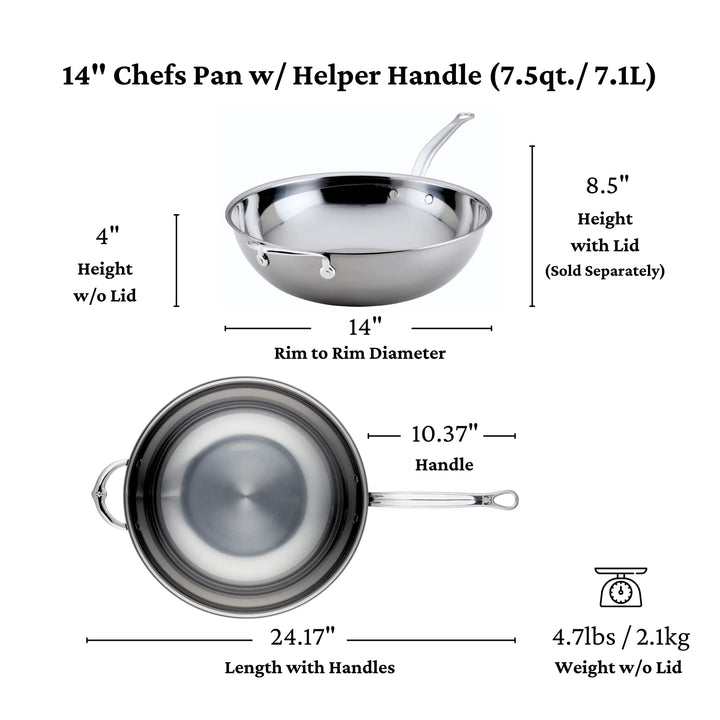 A NanoBond Titanium Chef's Pan, 14-inch, is displayed from side and top views, showing its stainless steel build, helper handle, 7.5qt capacity, 4" height (8.5" with lid), and total weight of 4.7 lbs including the lid.
