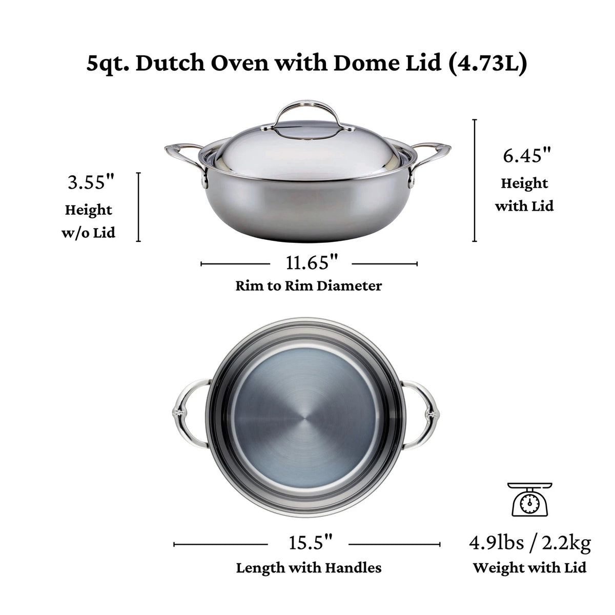 Top and side views of the NanoBond 10-Piece Limited Edition Titanium Cookware Dutch oven: 3.55" tall without lid, 6.45" with lid, 11.65" rim diameter, 15.5" with handles, weighs 4.9 lbs with lid.