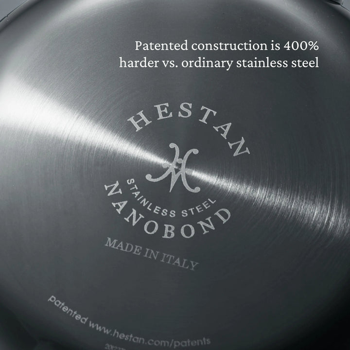 Close-up of the bottom of a NanoBond Titanium Stockpot, showing text: Patented construction is 400% harder vs. ordinary stainless steel. The NanoBond branding and website are visible.