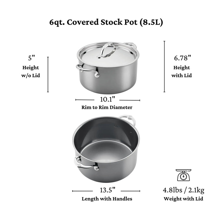 Diagram of a NanoBond Titanium Stockpot: 5" height without lid, 6.78" with lid, 10.1" diameter, 13.5" length with handles, and 4.8 lb with lid—crafted for lasting durability from molecular titanium cookware.